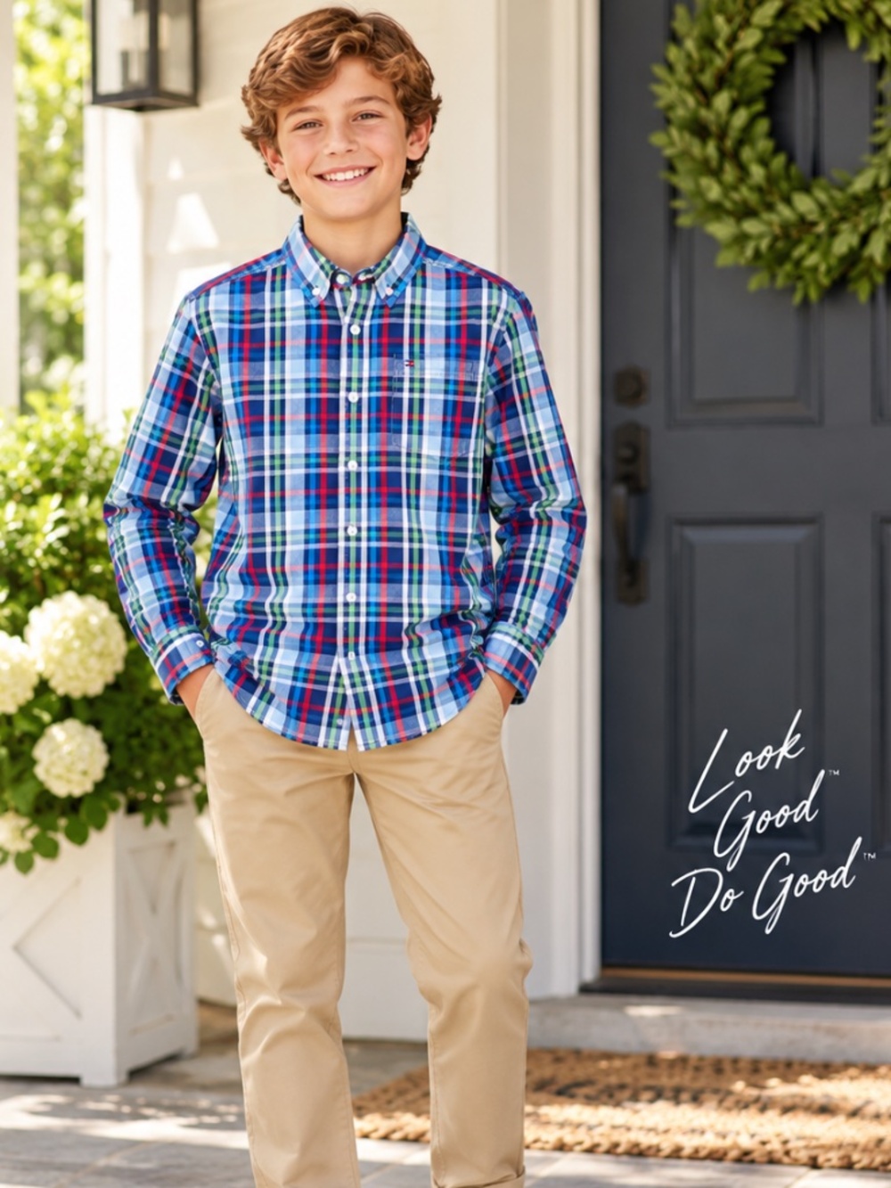 Tommy Hilfiger Boys M 12/14 Plaid Button Down Shirt Blue Red Green